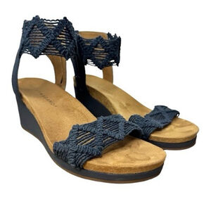 Lucky Brand Kierlo Navy Blue Macrame Open Toe Casual Wedge Sandals Size 7.5